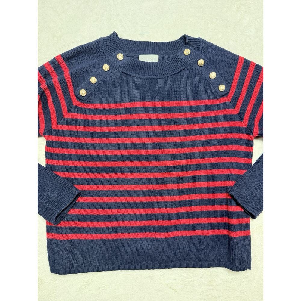 Pure Collection Cotton/Wool/Cashmere Breton Stripe Sweater US 10 Red/Navy Crest